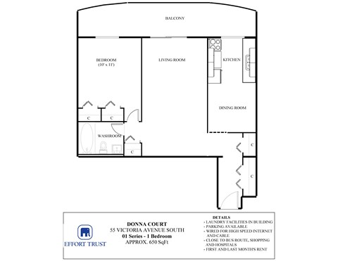 Floor plan for 1 bed, 1 bath, 600 sqft